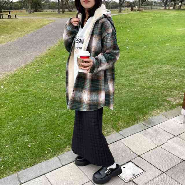 暖チェックフードシャツ