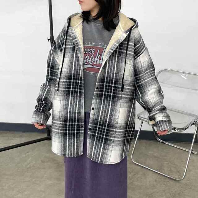 暖チェックフードシャツ
