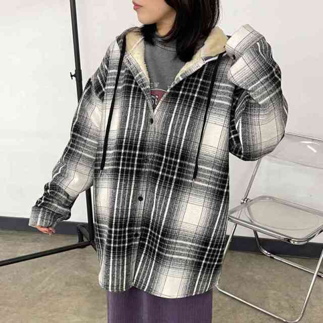 暖チェックフードシャツ