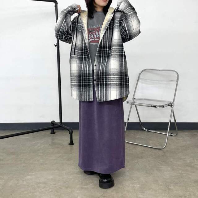 暖チェックフードシャツ