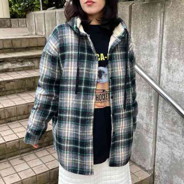 暖チェックフードシャツ