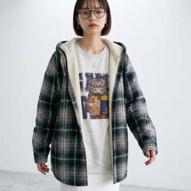 暖フードチェックシャツ