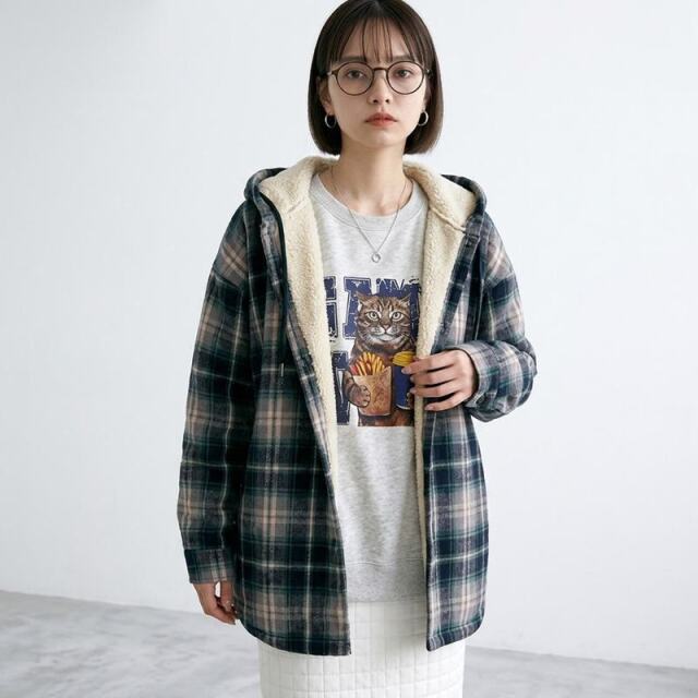暖フードチェックシャツ