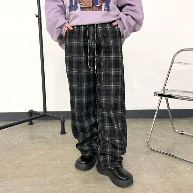 暖チェックワイドパンツ
