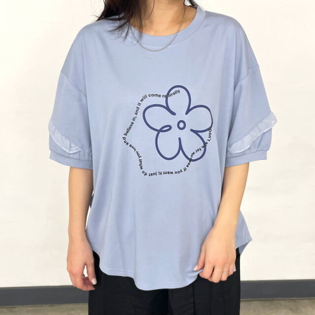 袖フリル花モチーフT