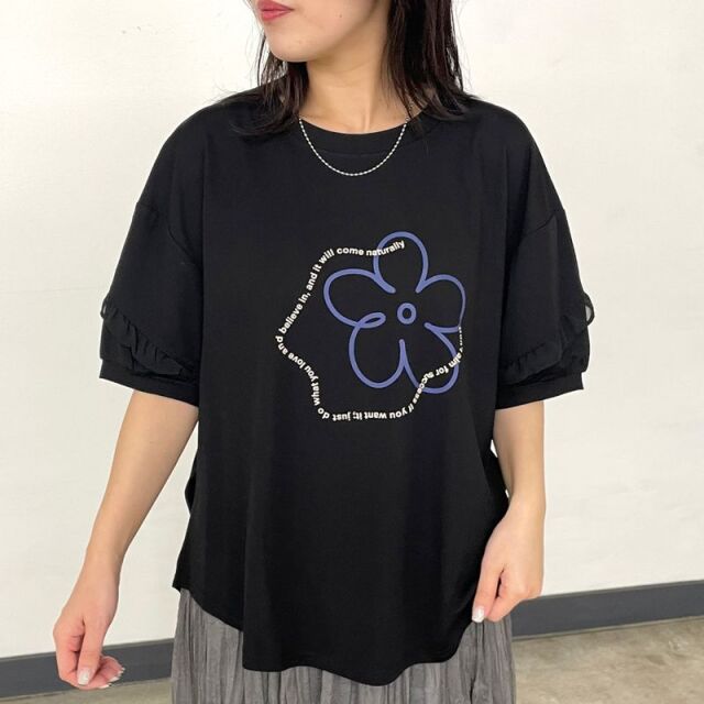 袖フリル花モチーフT