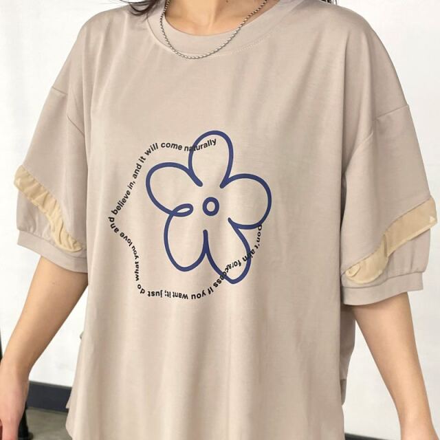 袖フリル花モチーフT