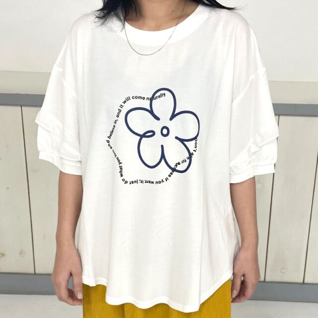 袖フリル花モチーフT