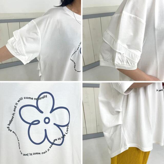 袖フリル花モチーフT