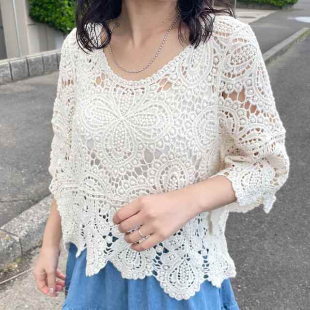 クロシェ7分袖プルオーバー
