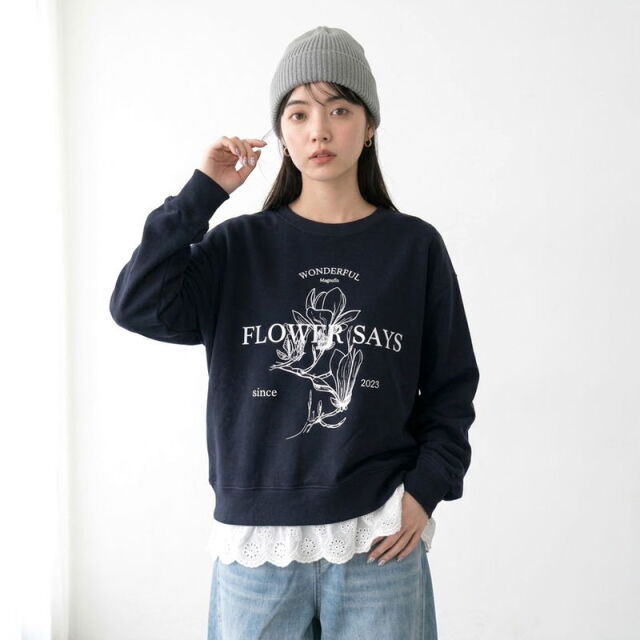 裾レースプリントプルオーバー