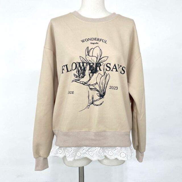 裾レースプリントプルオーバー