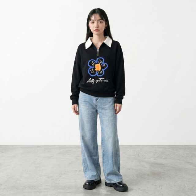 襟付モチーフプリントプルオーバー
