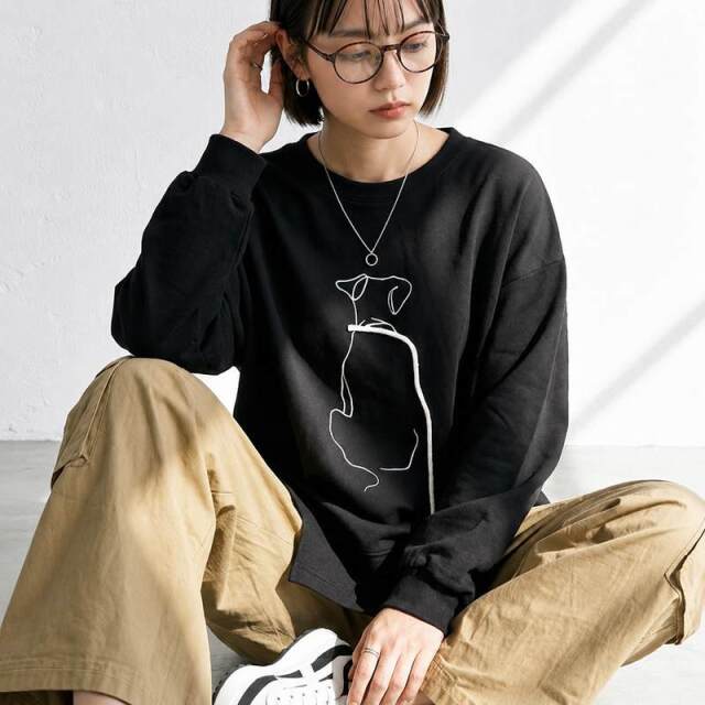 線ドッグ刺繍プルオーバー
