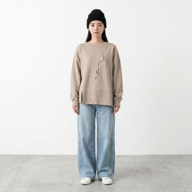 線ネコ刺繍プルオーバー