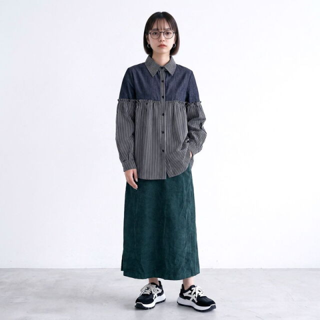 ストライプデニム切替ギャザーシャツ