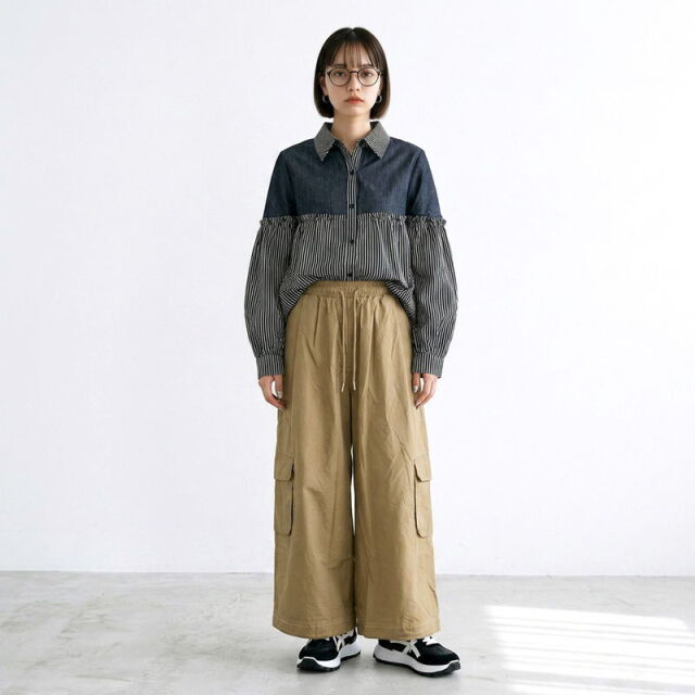 ストライプデニム切替ギャザーシャツ