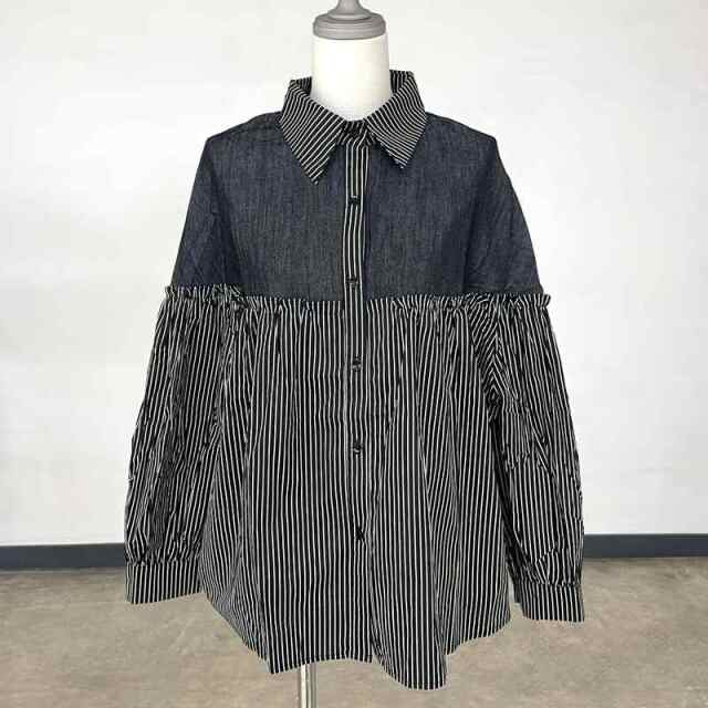 ストライプデニム切替ギャザーシャツ