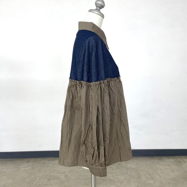 ストライプデニム切替ギャザーシャツ