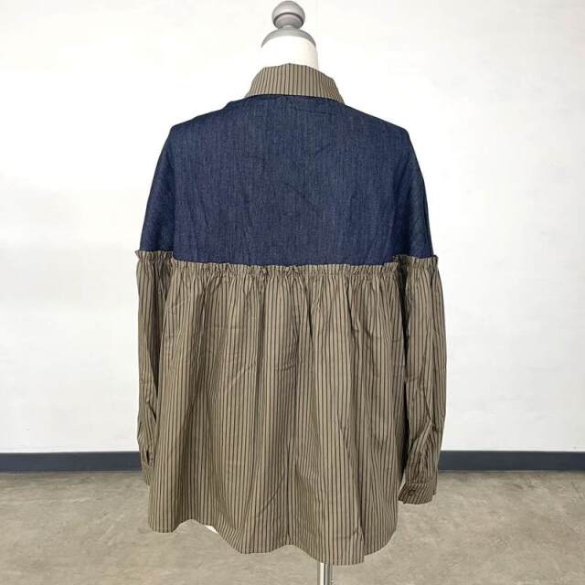ストライプデニム切替ギャザーシャツ