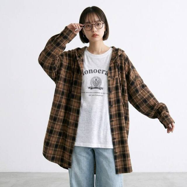 チェックフードシャツ