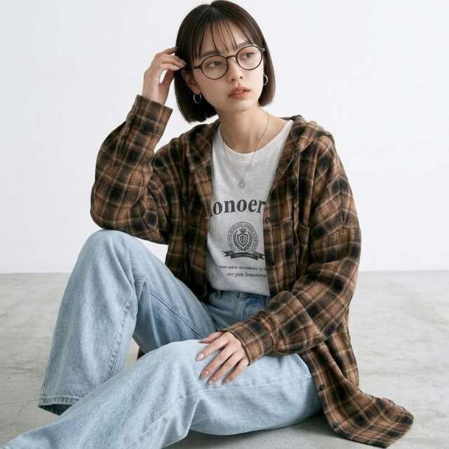 チェックフードシャツ