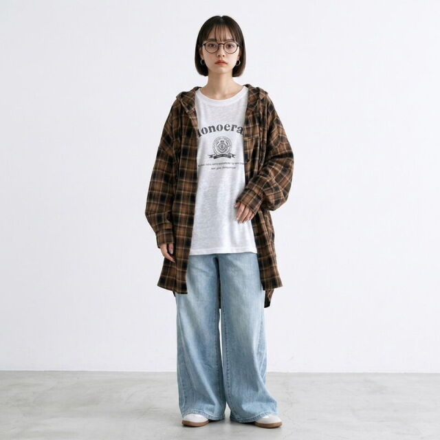 チェックフードシャツ