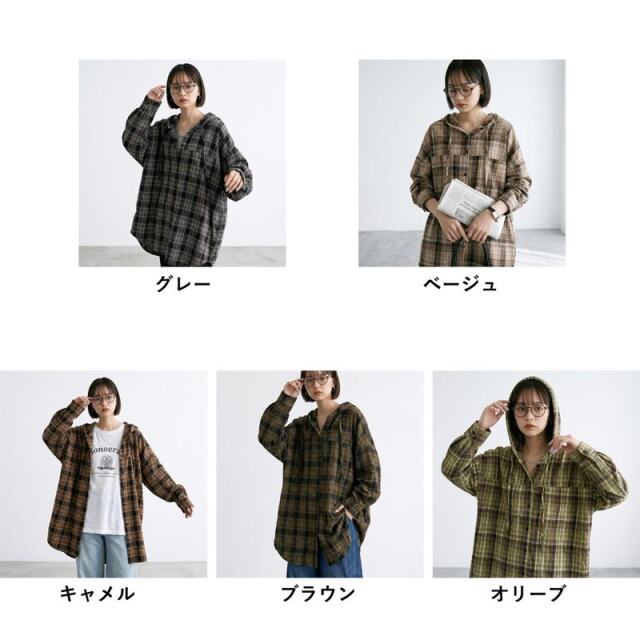チェックフードシャツ