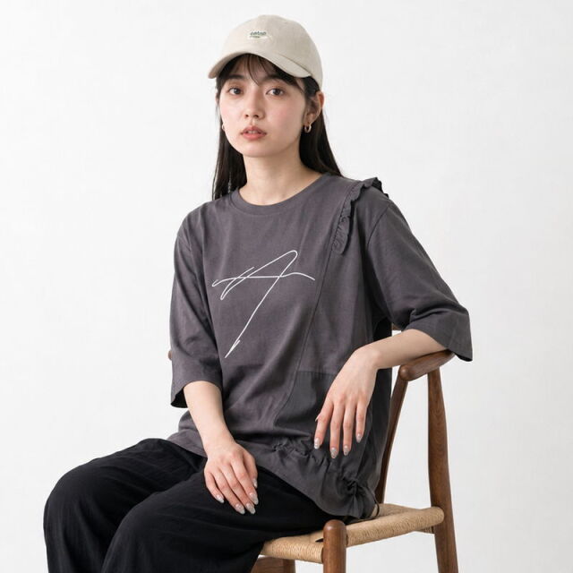 刺繍フリルドローコード7分袖プルオーバー