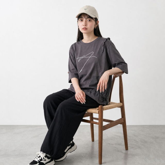 刺繍フリルドローコード7分袖プルオーバー