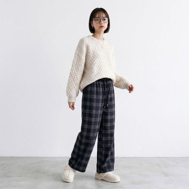 暖チェック柄ワイドパンツ