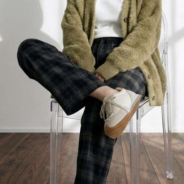 暖チェック柄ワイドパンツ