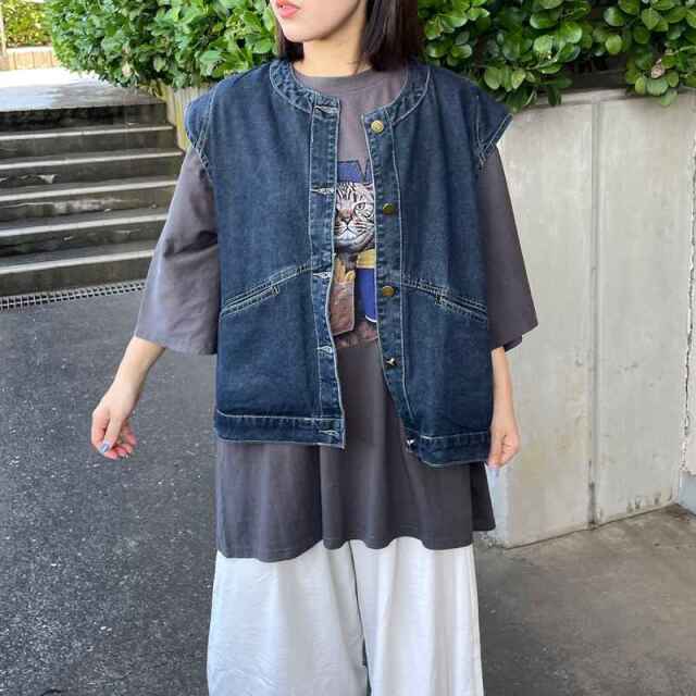 YENN SLEEVELESS DENIM JK タックデニムベスト　ノーカラー YENN SLEEVELESS DENIM JK タックデニムベスト ノーカラー
