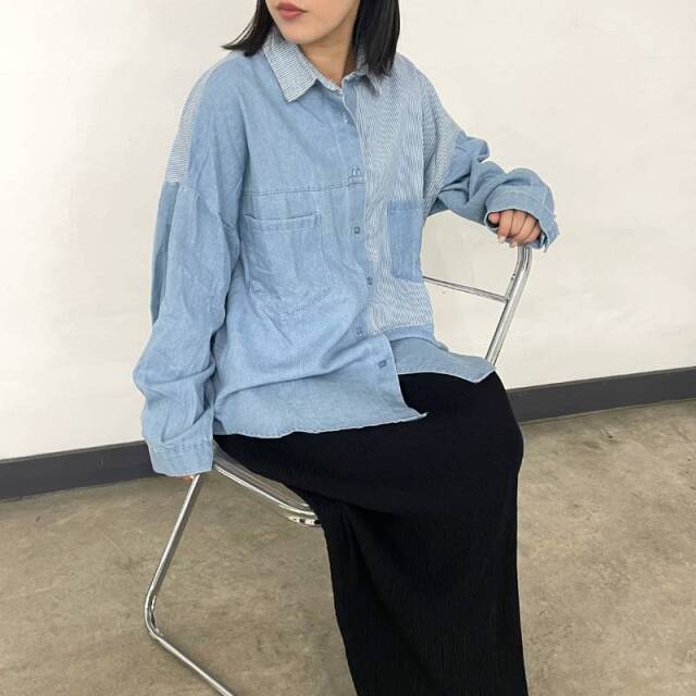 ストライプ切替デニムシャツ
