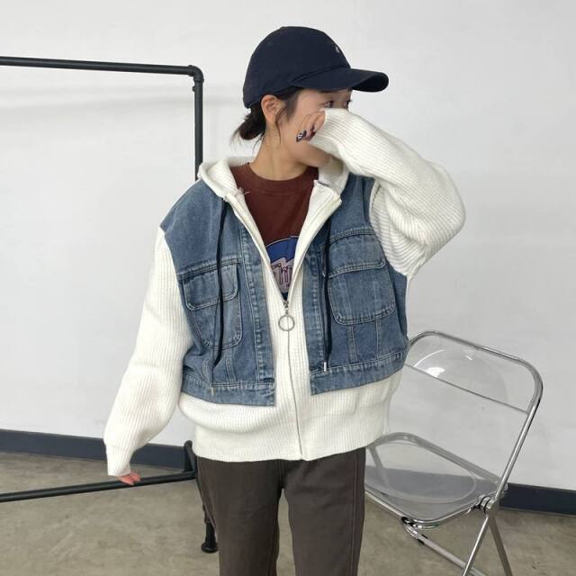 デニム切替ニットパーカー