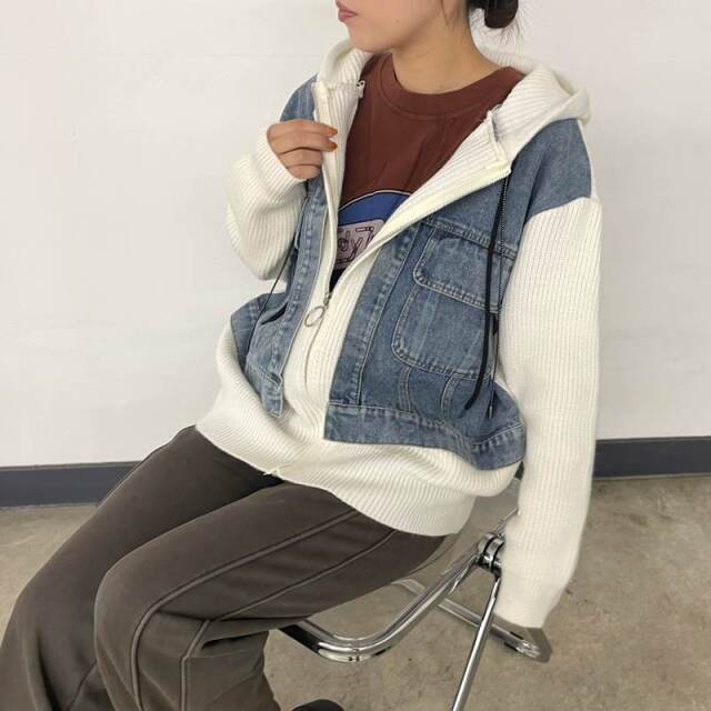 デニム切替ニットパーカー