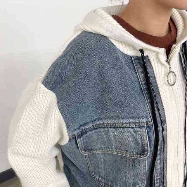 デニム切替ニットパーカー