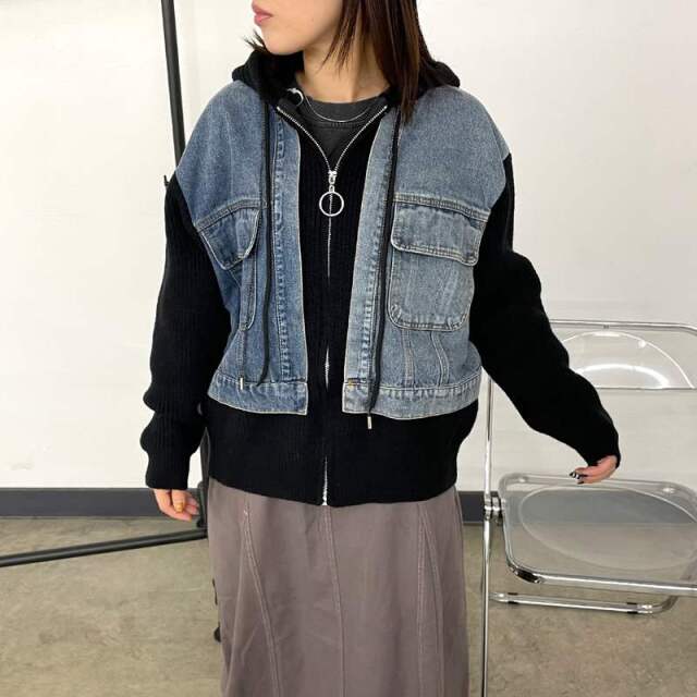 デニム切替ニットパーカー