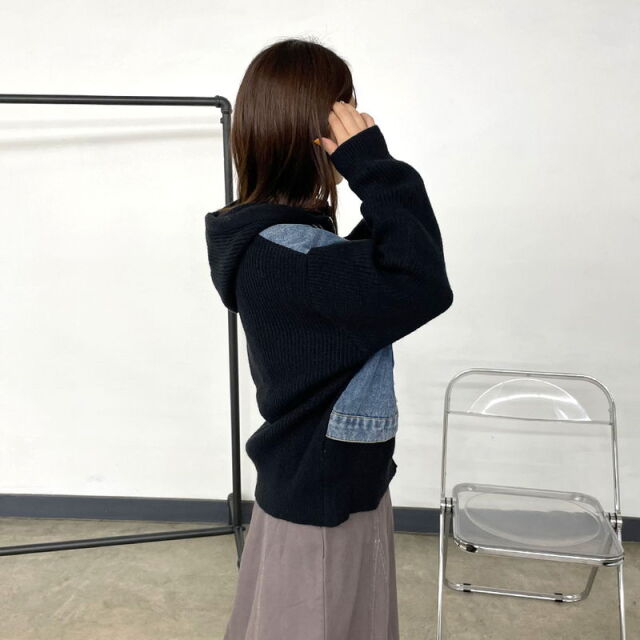 デニム切替ニットパーカー