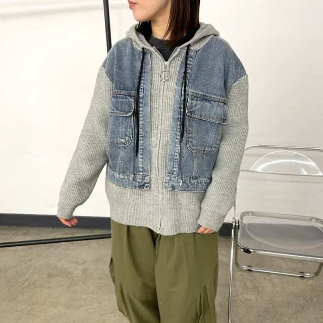 デニム切替ニットパーカー
