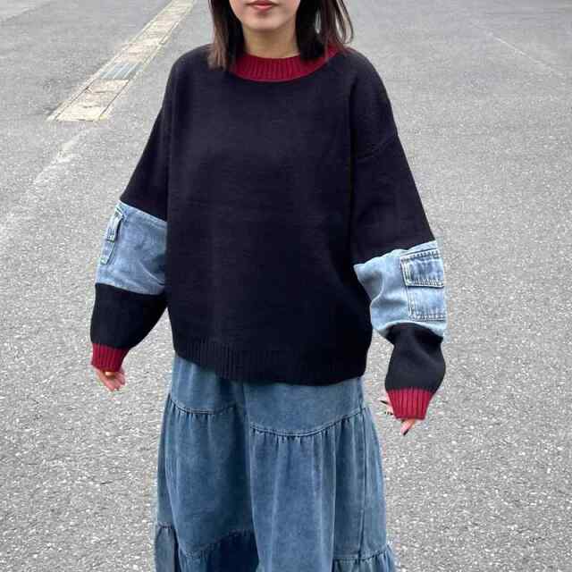 袖デニム切替プルオーバー