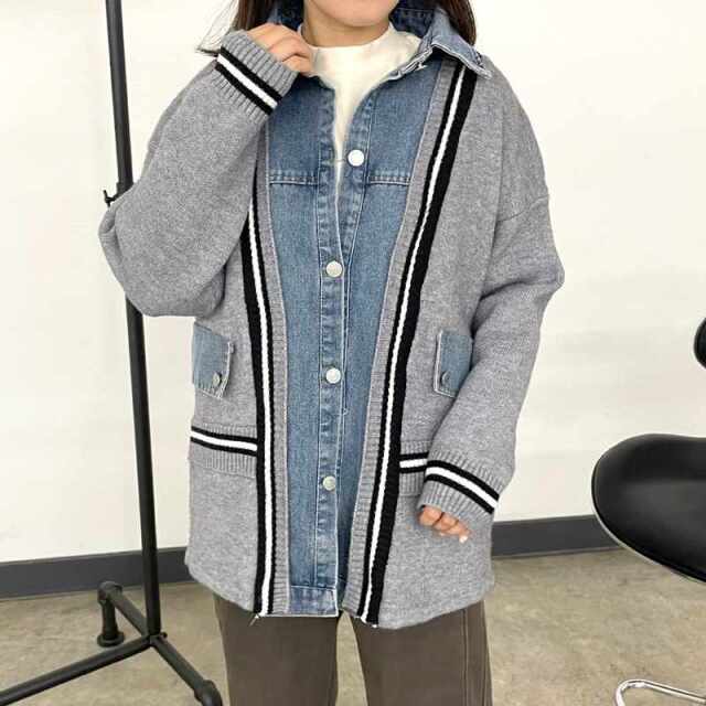 デニム切替ラインカーディガン