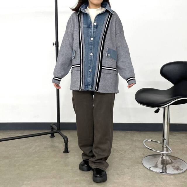 デニム切替ラインカーディガン