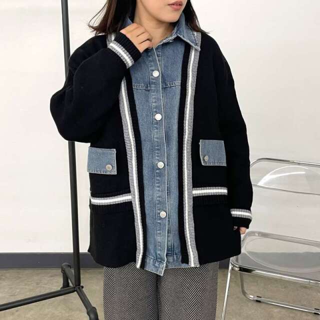 デニム切替ラインカーディガン