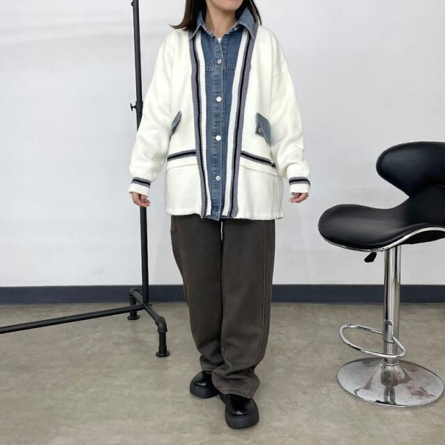 デニム切替ラインカーディガン