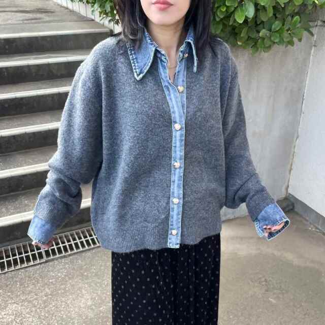 襟付きデニム切替ニットカーディガン