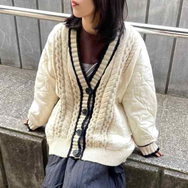 キルト切替ケーブルカーディガン