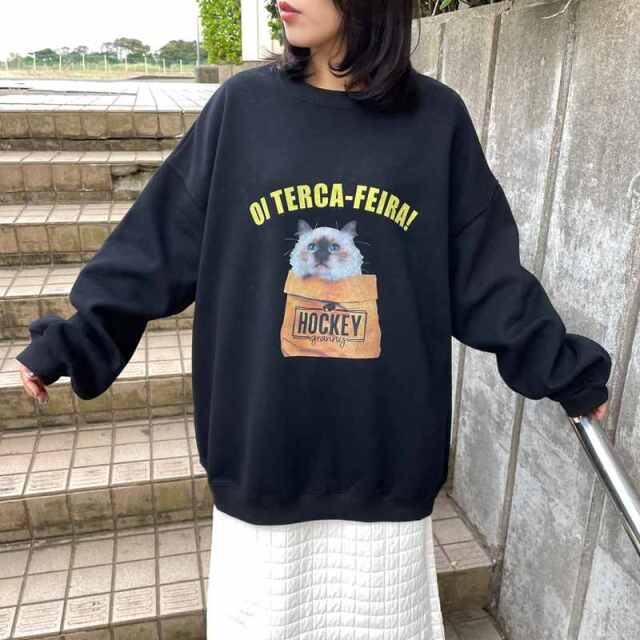 猫プリントロゴプルオーバー