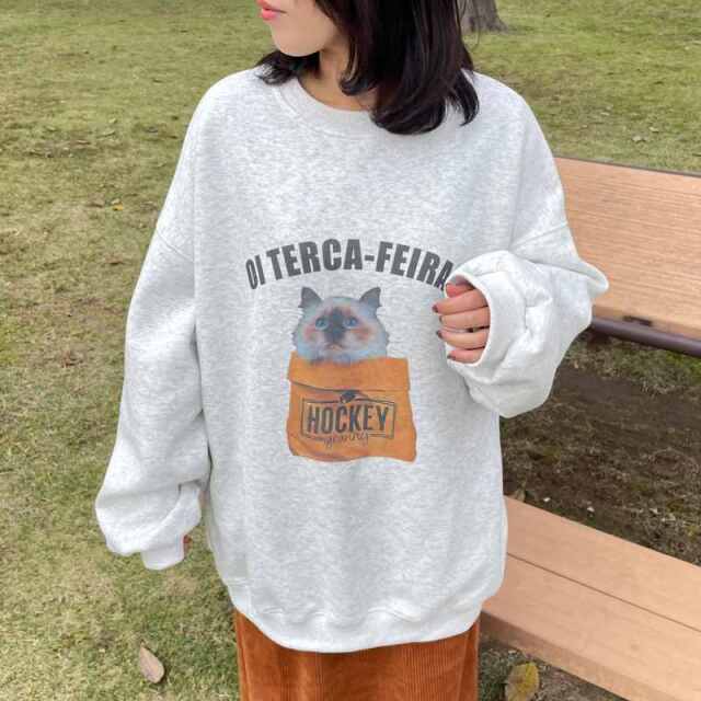 猫プリントロゴプルオーバー
