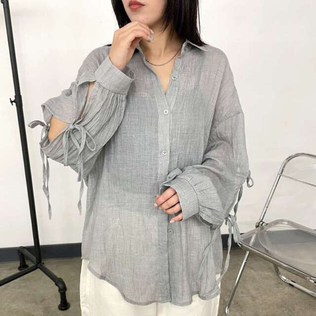 袖リボンシアーシャツ